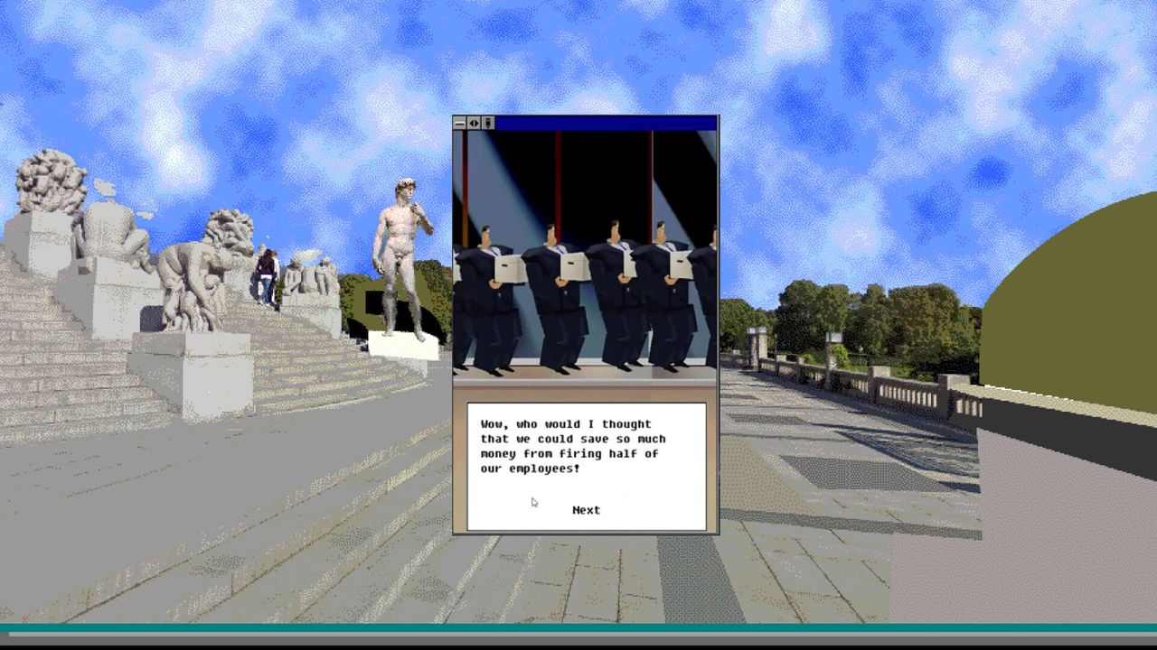 A screenshot from SpreadCheat showing a small computer window on a desktop. There's a group of suited men carrying boxes with the text: Wow, who would of thought that we could save mch money from firing half of our employees!